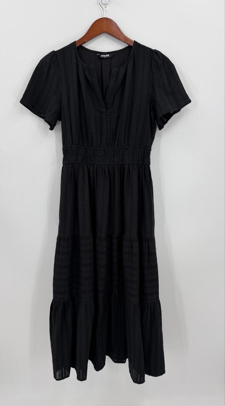 BTFBM Black Tiered Maxi Dress Smocked Waist V Neck Boho Size Small CottageCore